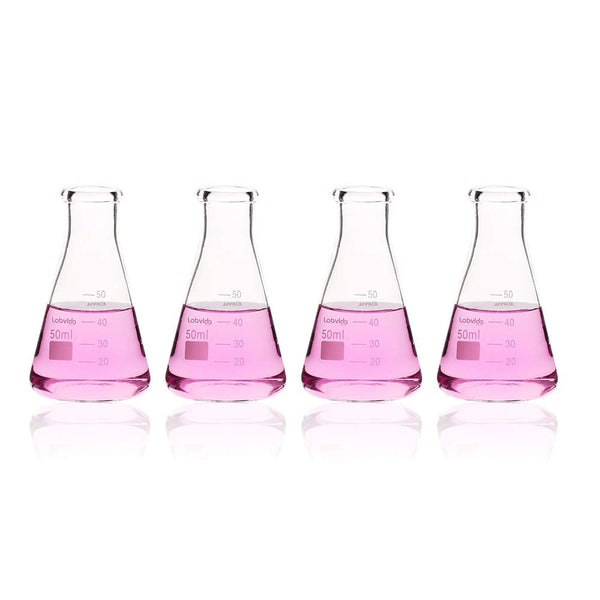 Shot Glass Set, 4pcs Narrow Mouth Glass Erlenmeyer Flasks, 50ml, 3.3 Borosilicate with Printed Graduation, LVC001