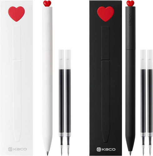 Kaco FIRST Gel Ink Pens, Pack of 2 Cute Stationery Heart Pen Set with 4 Black Refills, Quick Drying, School Supplies