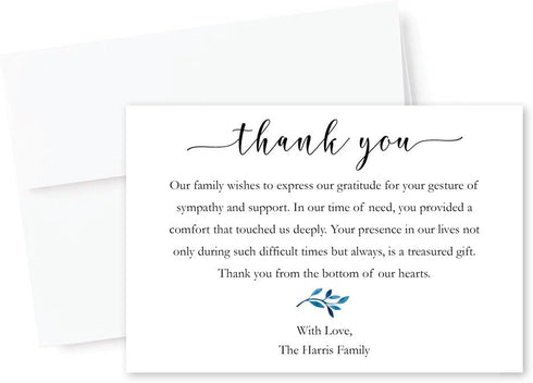 All Ewired Up Personalized Funeral Thank You Cards, White Blue Floral Sympathy, Acknowledgement Bereavement Notes
