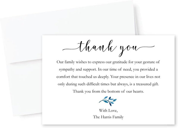 All Ewired Up Personalized Funeral Thank You Cards, White Blue Floral Sympathy, Acknowledgement Bereavement Notes