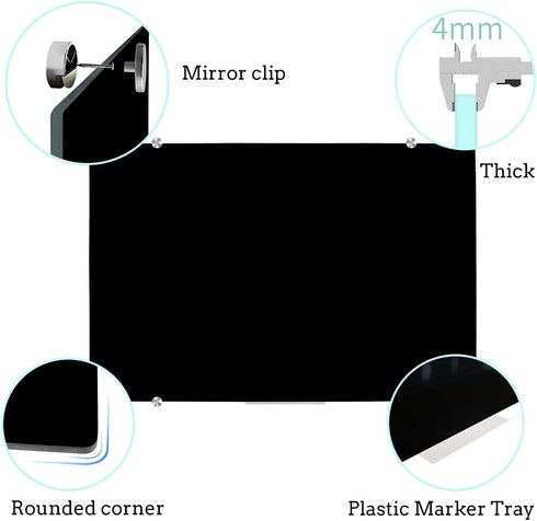 DEVELOP Magnetic Black Glass Dry Erase Board, 24 x 18 Inches, Small Frameless Wall Mounted Writing Whiteboard with 4