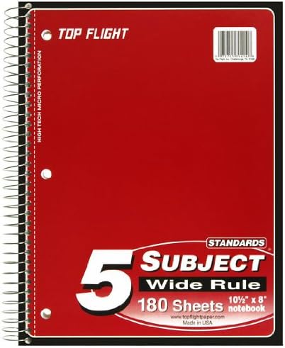 Top Flight Standards 5-Subject Wirebound Notebook, 180 Sheets, 3-Hole Punched, Wide Rule, 10.5 x 8 Inches