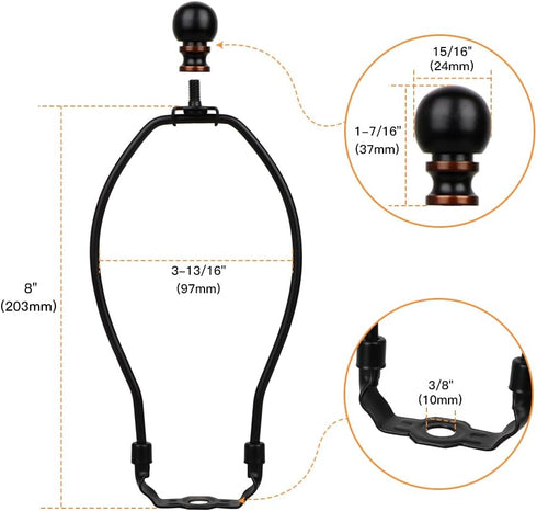 8 Inch Lamp Harp, 2 Set Black Lamp Shade Holder with Finial, DIY Detachable Replacement Adapter for Table & Floor Lamps