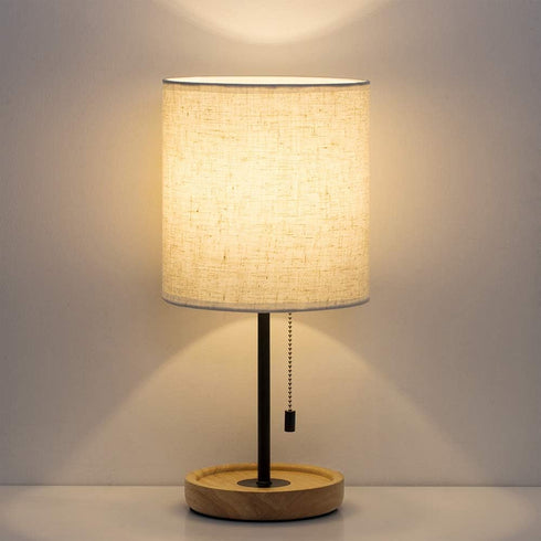 16 Inches (HT-AD005) HAITRAL Bedside Table Lamp - Modern Nightstand Lamp with Linen Fabric Shade Wooden Desk Lamps