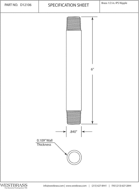 Westbrass D12106-26 ½” x 6" IPS Brass Pipe Nipple, Polished Chrome