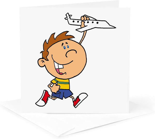 Greeting Card - Cartoon Boy Playing with Toy Airplane - More Random