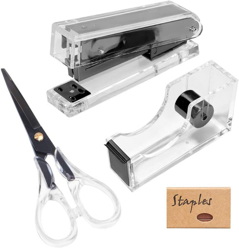Clear Black Acrylic Stapler Tape Dispenser Set with 950 Pcs 24/6 Rose Gold Staples, Heavy Duty Desk Supplies (Black)