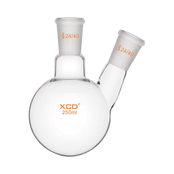 XCD Borosilicate Glass 2-Neck Round Bottom Boiling Flask, 250 ml with 24/40 Center and Side Standard Taper Outer Joint