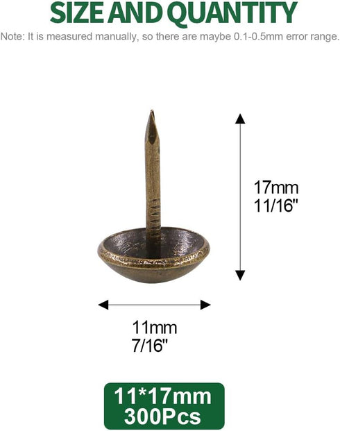 Keadic 300Pcs Antique Upholstery Tacks - 7/16" Diameter Furniture Nails Pins Kit for DIY Projects, Bronze