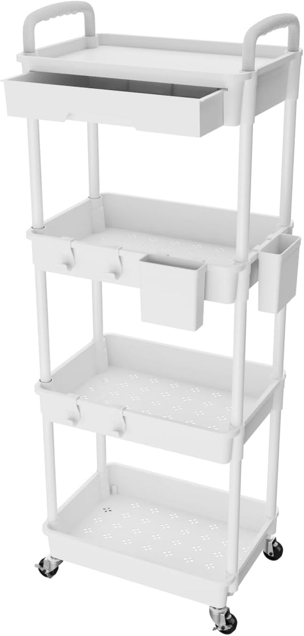 REBECAT 4 Tier Rolling Utility Cart with Drawer, Multifunctional Storage Organizer for Kitchen, Bathroom, Office (Gray)