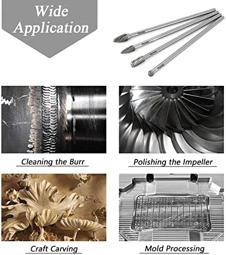 Mesee 4Pcs Tungsten Carbide Rotary Burr Set, 6-Inch Long Rotating Tools Kit with 6mm Shank for DIY Woodworking/Metal