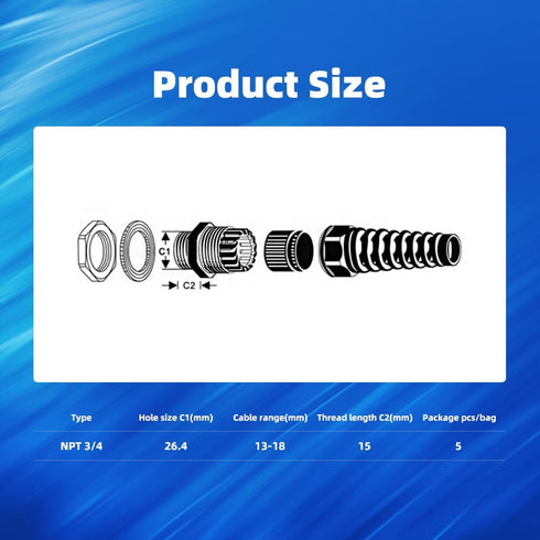 Strain Relief Cord Connector, CGELE 2 Pack NPT 3/4" Waterproof Cable Gland Cord Grip Spiral Adjustable Connector Strain Relief Cord Connectors Joints Nylon with Gaskets