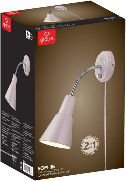 13064 1-Light 6ft Bulb Globe Electric Sophie Plug-in or Hardwire Wall Sconce, Chrome Gooseneck, Matte Rose, Clear Cord