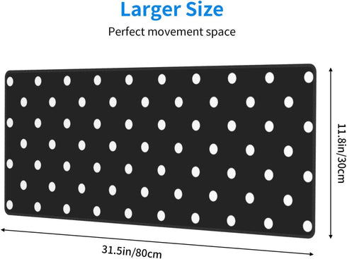 Polka Dot Black & White Gaming Mouse Pad Mat - Extended Large XXL (31.5 x 11.8 in), Non-Slip Rubber Base