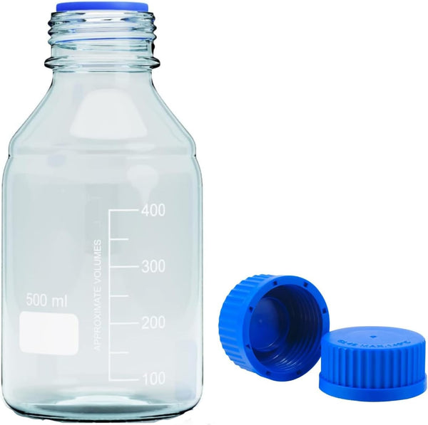 500ml Graduated Glass Round Media Storage Bottle with Blue GL45 Screw Cap, Wide Mouth Lab Reagent Bottle