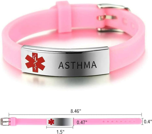 Medical Alert ID Bracelet, Laser Engraved ASTHMA Adjustable Wristband for Men Women Emergency First Aid