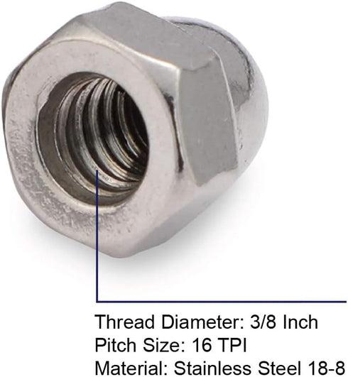 3/8-16 Acorn Cap Hex Nuts, 304 Stainless Steel 18-8, Bright Finish, 15 PCS