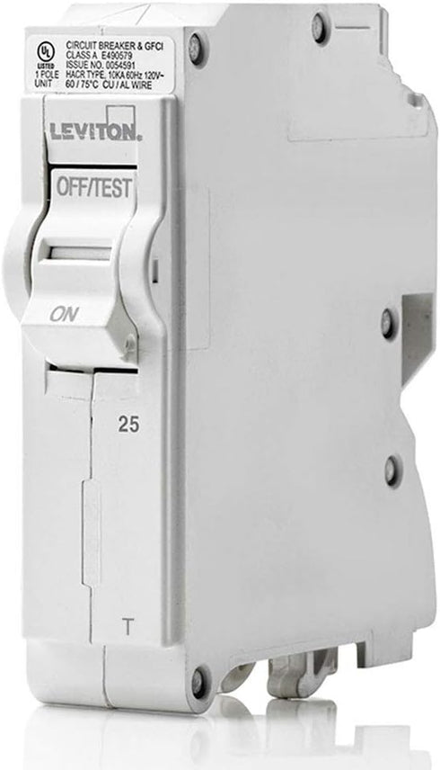 Leviton LB125-T 25A 1-Pole Plug-On Standard Branch Circuit Breaker, Thermal Magnetic, 120 VAC, White