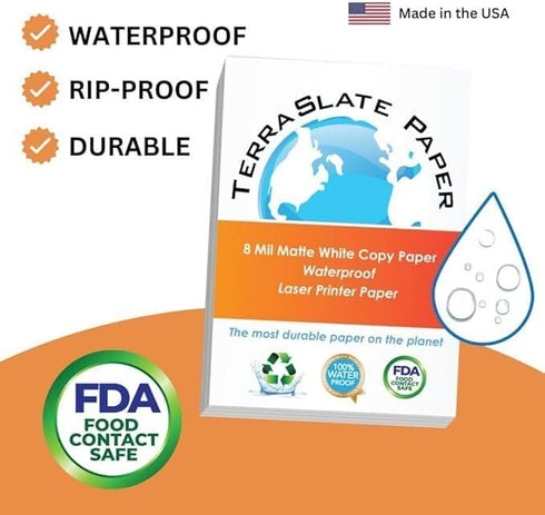 Waterproof Paper 8 MIL, 8.5 x 11 Inch, Bright White Laser Printer Paper, 25 Sheets