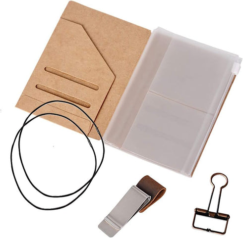 Passport Size Travelers Notebook Accessories Kit - Kraft File Folder, Zipper Case, Pen Holder & Elastic Bands