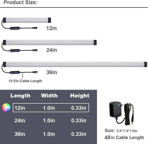 Dimmable Counter Closet (12 Inch) Under Cabinet Lighting, RGB LED Light Bar, RF Remote Control Lamp, Multicolor Under