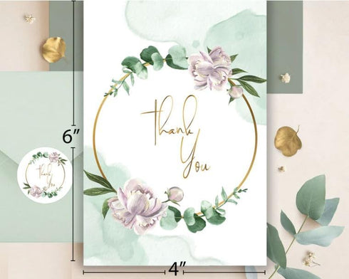WHOLISTIC JOY 48 Set Thank You Cards Bulk with Envelopes & Stickers Eucalyptus Greenery, Gold Foil, Blank Inside