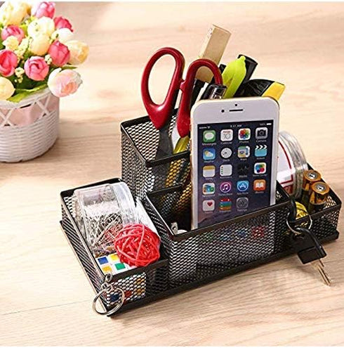 Pen Holder Metal Wire Mesh Pencil Container, 4 Divided Compartments, Home Office Supplies Desktop Accessory Organizer