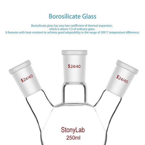 StonyLab Glass 250ml Heavy Wall 3 Neck Round Bottom Flask RBF with 24/40 Standard Taper Outer Joint