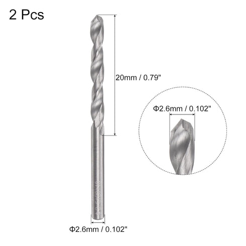 uxcell Solid Carbide Drill Bits, 2.6mm C2/K20 Tungsten Carbide Jobber Drill Bits for Stainless Steel, Aluminum, 2pcs