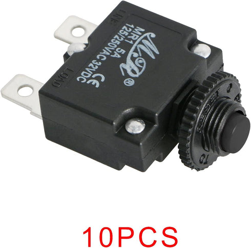 5 Amps Thermal Circuit Breakers Push Button Manual Reset Overload Protector Switch 5A 125/250V AC 32V DC 2Pin, 10 Pcs