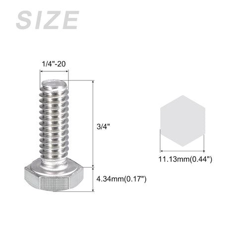50Pcs Hex Bolts (1/4-20x3/4"), 304 Stainless Steel Fully Threaded Hex Head Machine Screws for Furniture Repair, Silver