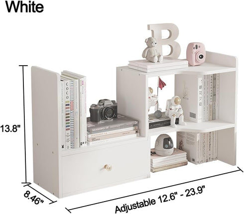 Expandable Wood Desktop Bookshelf, Freestyle Adjustable Display Desk Shelf for Office & Home Storage (White)