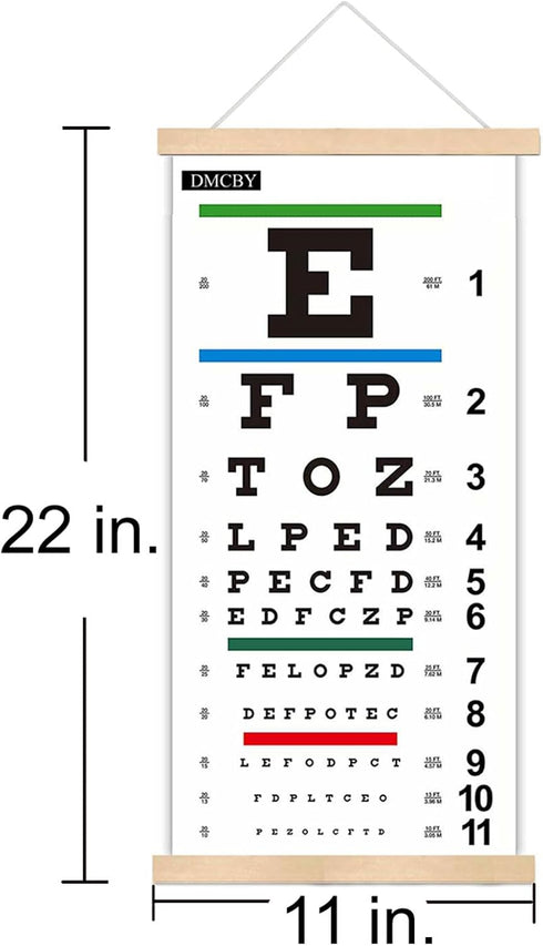 Eye Chart, Snellen Eye Chart for Eye Exams 20 Feet with Wood Frame 11x22 Inches, Canvas Low Vision Eye Test Wall Chart with Eye Occluder Hand Pointer for Kids Gifts (20 Feet Test Distance)