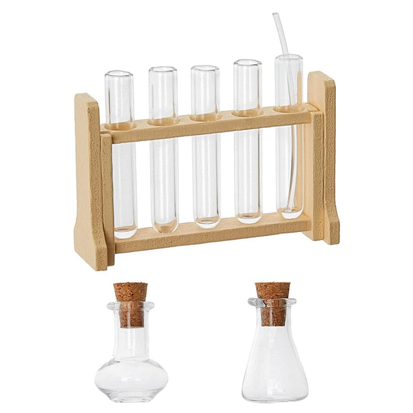 Dollhouse Mini Glass Test Tube, Miniature Glass Tube with Tiny Wood Rack for Science Sets