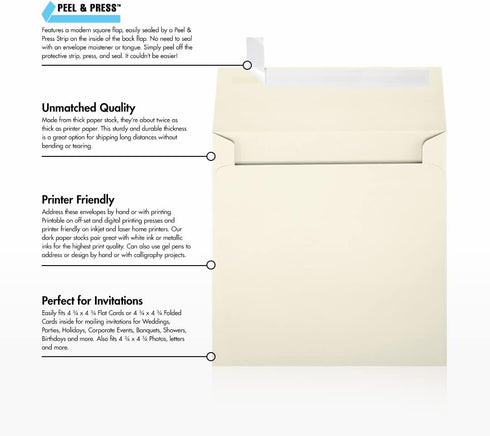 LUXPaper Square Invitation Envelopes, 5" x 5", Natural, 70lb. Text, 50 Qty, Peel & Press