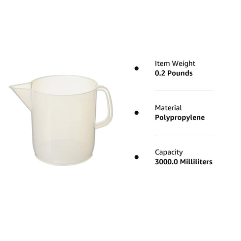 EISCO Plastic Pitcher, 3000mL (3L) - Short Form, Euro Design, Chemical Resistant & Autoclavable Polypropylene