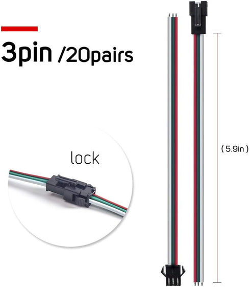 BTF-LIGHTING 20 Pairs JST SM 3 Pin Connectors for WS2812B WS2811 WS2812 WS2814 SK6812 (15cm 22awg Wire)