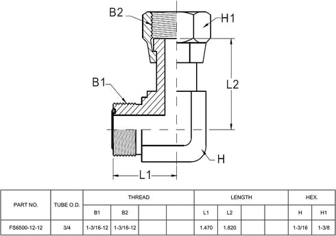FS6500-12-12 Hydraulic Adapter Fitting 3/4" Male O-Ring Face Seal × 3/4" Female O-Ring Face Seal