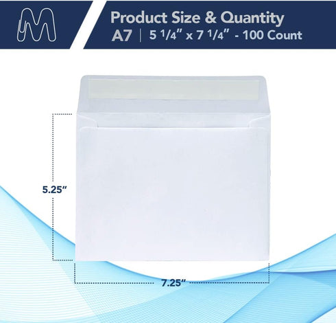 MOS A7 Invitation Envelopes, 5-1/4" X 7-1/4" White Self Seal (100 Count) - Heavy Duty Gift Card Envelopes