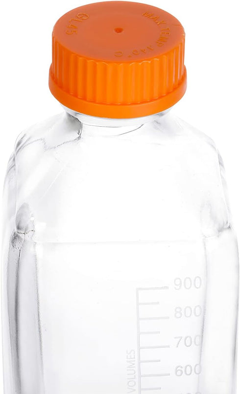 4 Pack 1000 mL Graduated Square Glass Bottle with GL45 Orange Polypropylene Screw Cap