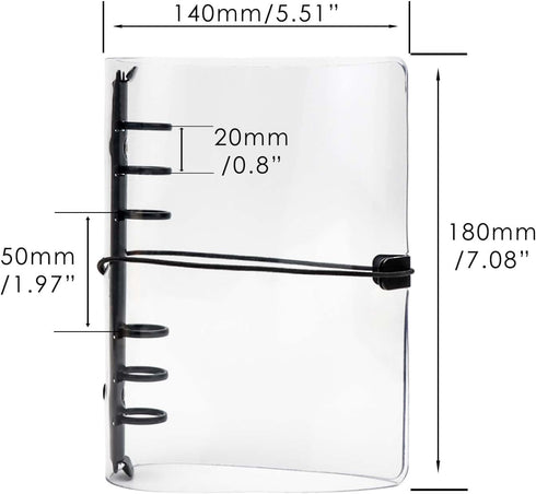 Clear A6 Binder with Elastic Band, 6 Black Rings Journal Planner, Thick PVC Notebook Cover for A6 Grid Paper Refills