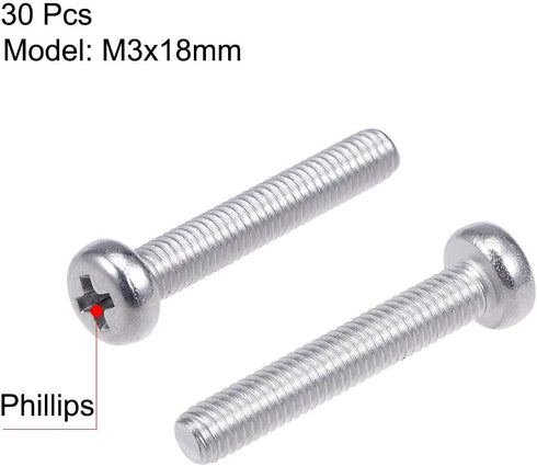 uxcell M3x18mm Machine Screws Pan Phillips Cross Head Screw 304 Stainless Steel Fasteners Bolts - 30 Pcs