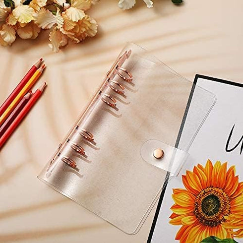 Tenare 2 Pcs Clear A6 Binder Glitter Budget Binder PVC 6 Ring Cover Rose Gold Soft Notebook Transparent Shell