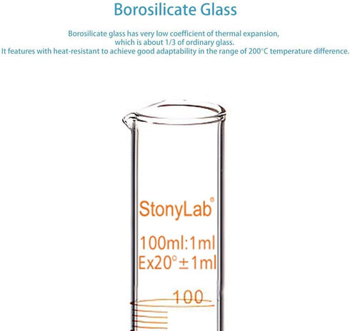 StonyLab 2-Pack 100ml Borosilicate Glass Graduated Measuring Cylinder