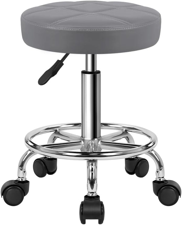 KKTONER Round Rolling Stool Chair PU Leather Height Adjustable Swivel Drafting Work