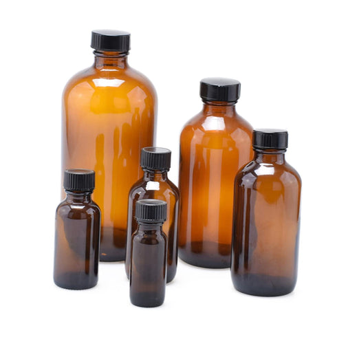 Set 4 of Refillable Amber Glass Boston Round Bottles for Mouthwash and Syrup