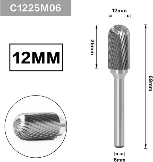 Tungsten Carbide Rotary Burr Die Grinder Bits, Single Cut Grinding Head 12mm with 1/4" Shank for Woodworking