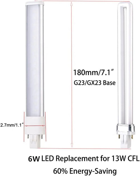 2 Pack 6W 2 Pin GX23 LED Horizontal PL Light Bulb, Warm White 3000K, 13W CFL Equivalent, PLS-13W Replacement