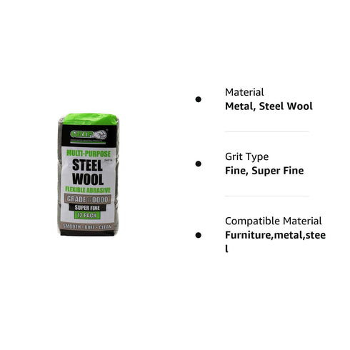 Grip Multi-Purpose Steel Wool, Flexible Abrasive 12 Pack (Very Fine #0000) for Buffing Furniture