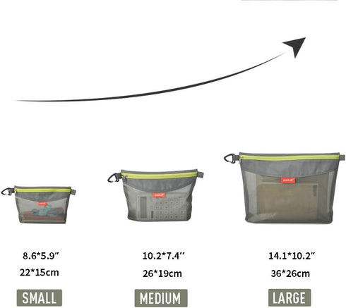 Pack of 3 Water-Resistant Zipper Pouch Set, Mesh Storage Bags for Travel, Office (Gray)